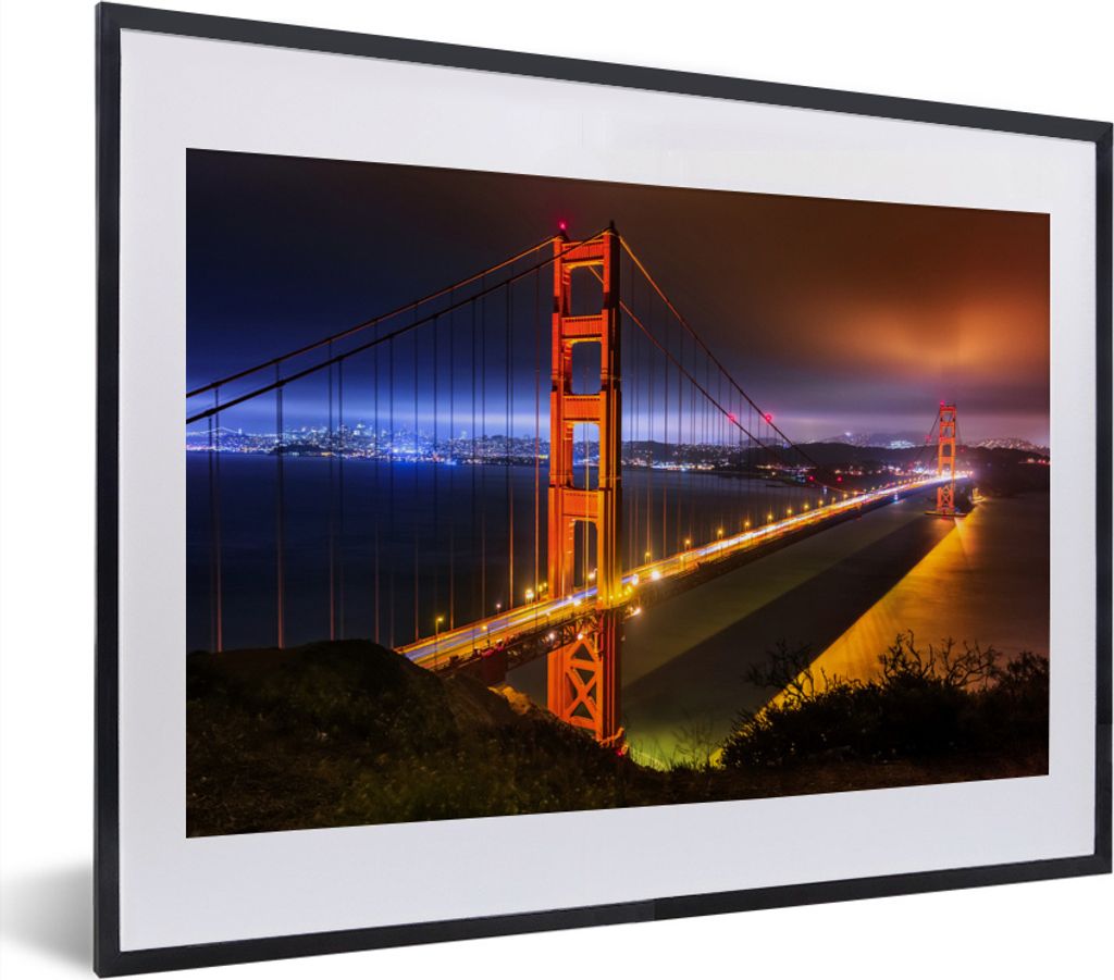 MuchoWow MuchoWow Gerahmtes Poster Die Golden Gate Bridge bei Nacht beleuchtet 40x30 cm - Poster mit zchwarzem Bilderrahmen - Bilderrahmen - Po...