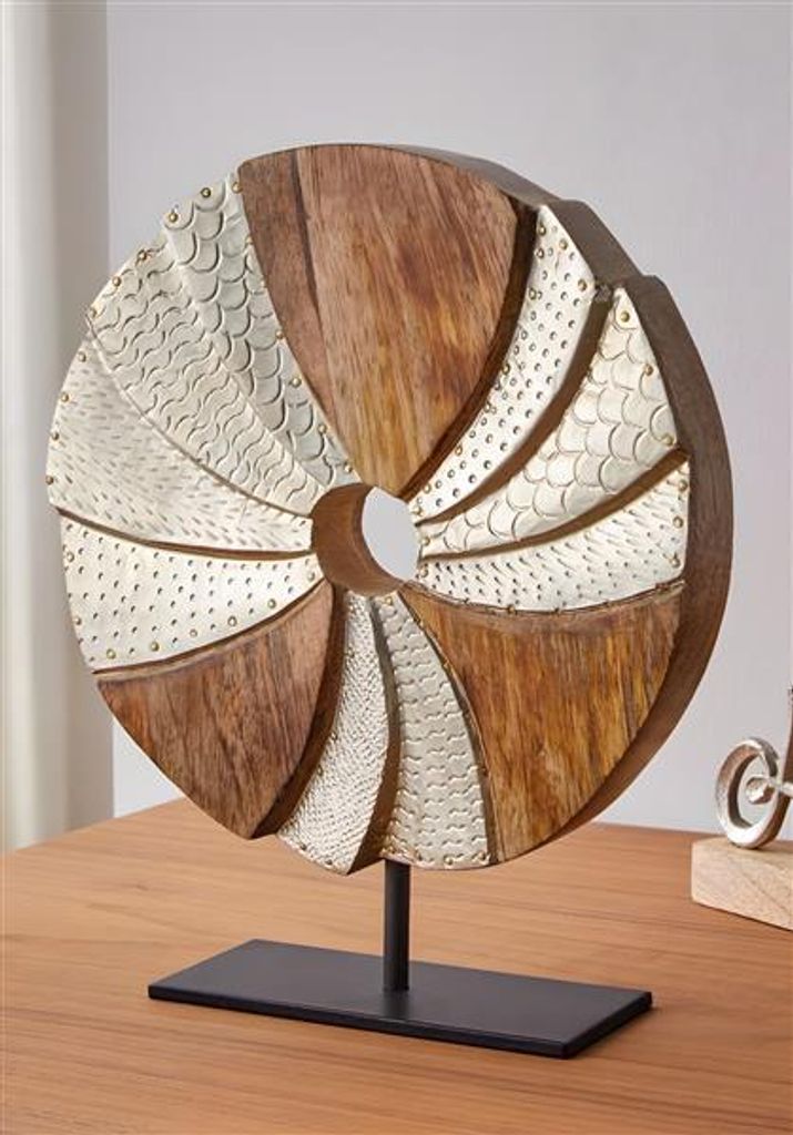 Skulpur "Circle" aus Mango Holz und Aluminium in silber, Ø 24 cm, Dekoobjekt, Holzdeko