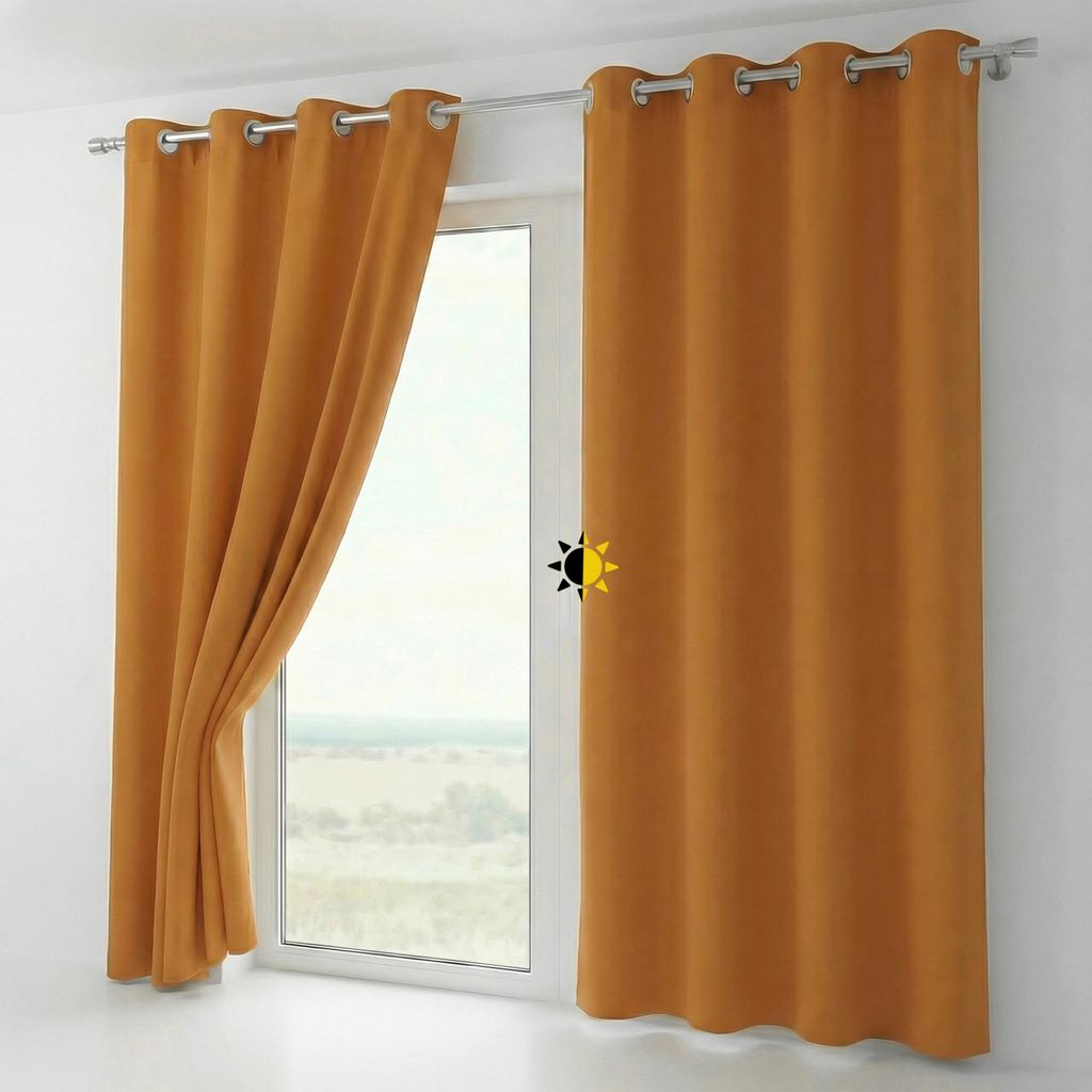 Two curtains hanging on a window rod, with one curtain partially open to reveal a window with a landscape view.