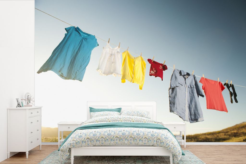 MuchoWow Fototapete für Wohnzimmer oder Schlafzimmer Wandtapete Vinyl Motivtapete Frauenkleidung auf einer Wäscheleine - 450x300 cm - Gemusterte