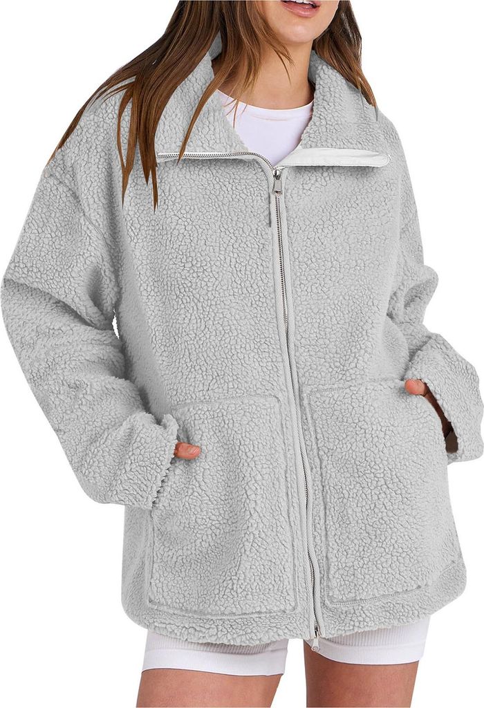 ASKSA Damen Jacke Teddyjacke Doppelschieber Reissverschluss Winter Fleecejacke Winterjacke Warme Teddyfleece Outdoor Casual Jacken mit Taschen (Gra...