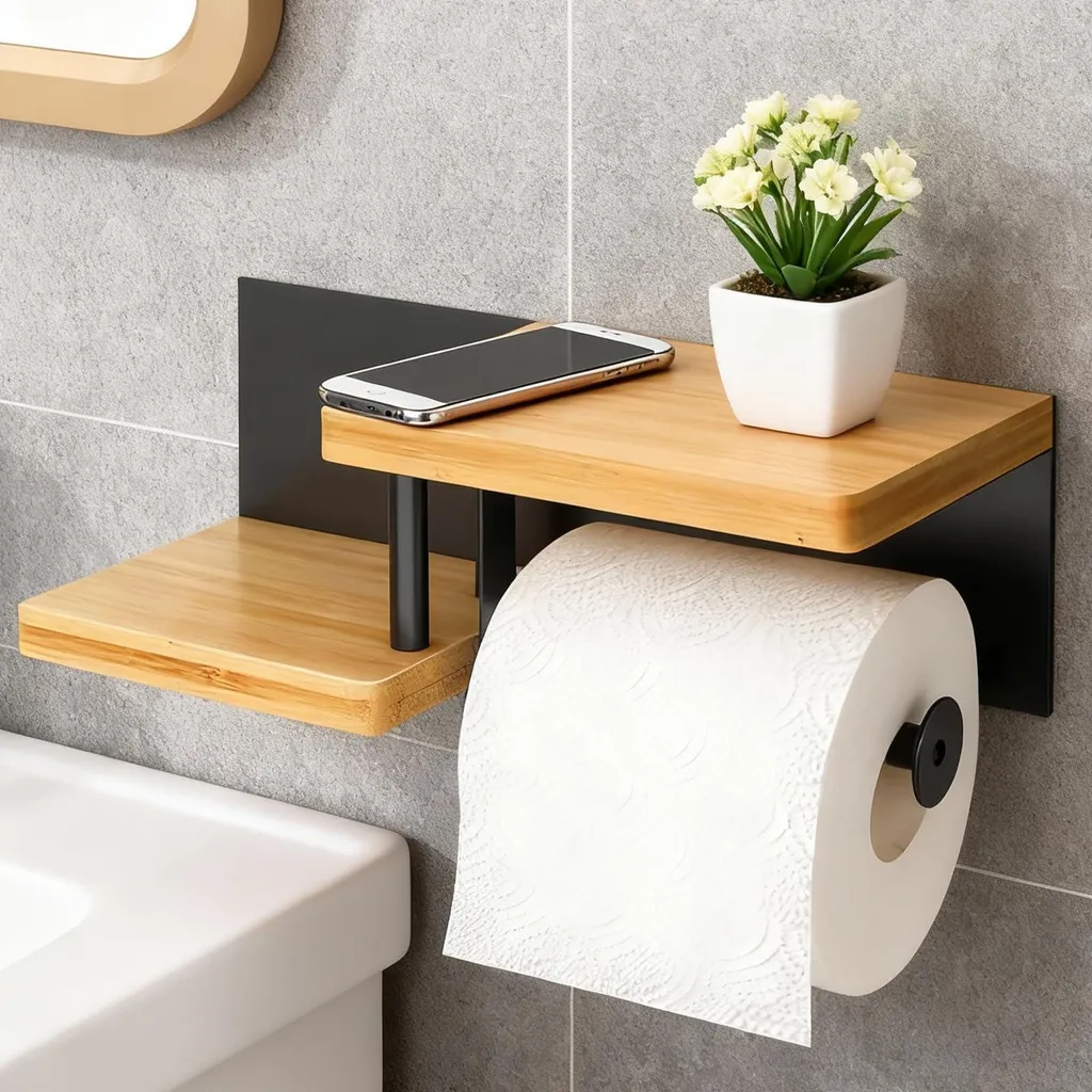 Dérouleur papier toilette bois et étagère de rangement sans perçage