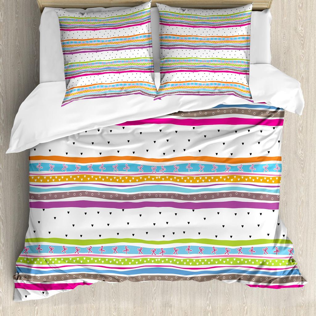 ABAKUHAUS Gestreift Bettbezug Set, Abstrakte gewellte Streifen Polkadots Bänder Bögen und Herzen Girly gemusterte Grafik, 155 x 220 cm + 80 x 80 ...