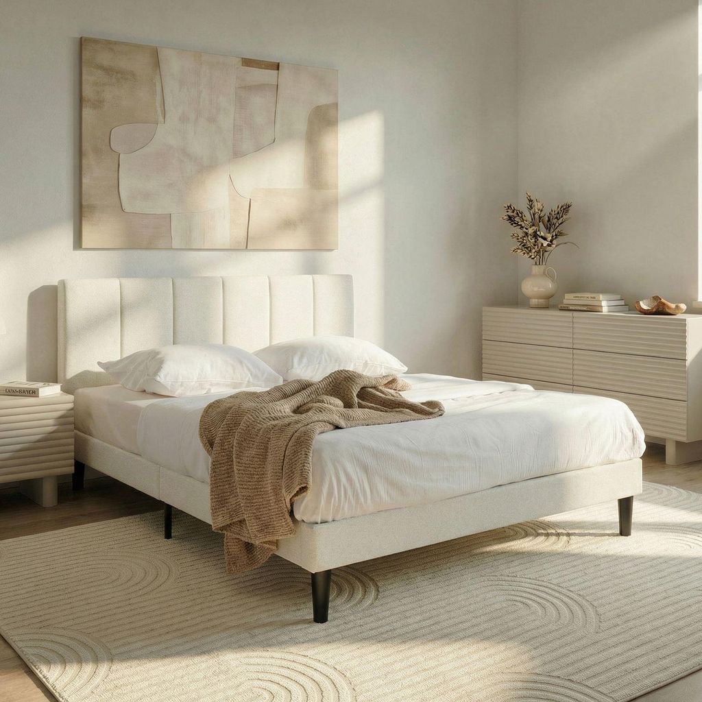 Polsterbett OLBIA 140 x 200 cm in Leinenoptik, Cremeweiß - Doppelbett mit gepolstertem Kopfteil, inkl. Lattenrost, modernes Design mit Stoffbezug ...
