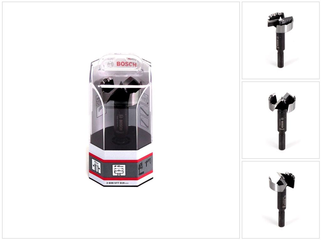 A Bosch Forstner drill bit is displayed in its packaging, with additional views of the drill bit shown on the right side of the image.