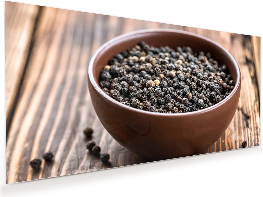 Glasbild Wandbild Pfeffer auf Holztisch 80x40cm in XXL für Wohnzimmer, Schlafzimmer, Badezimmer, Flur
