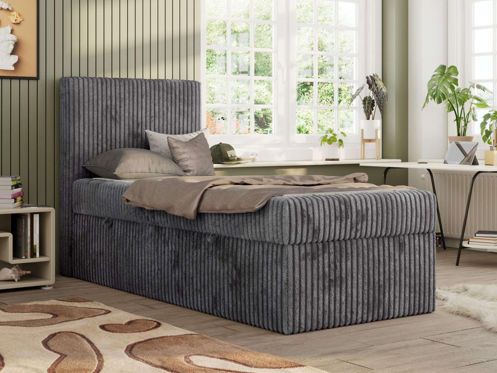 MKS MEBLE Jugendbett TILIO, Einzelbett mit Stauraum, Cordstoff, Boxspringbett 90x200 mit 7-Zonen-Taschenfederkern H3 - Grau Cord - Links Seite