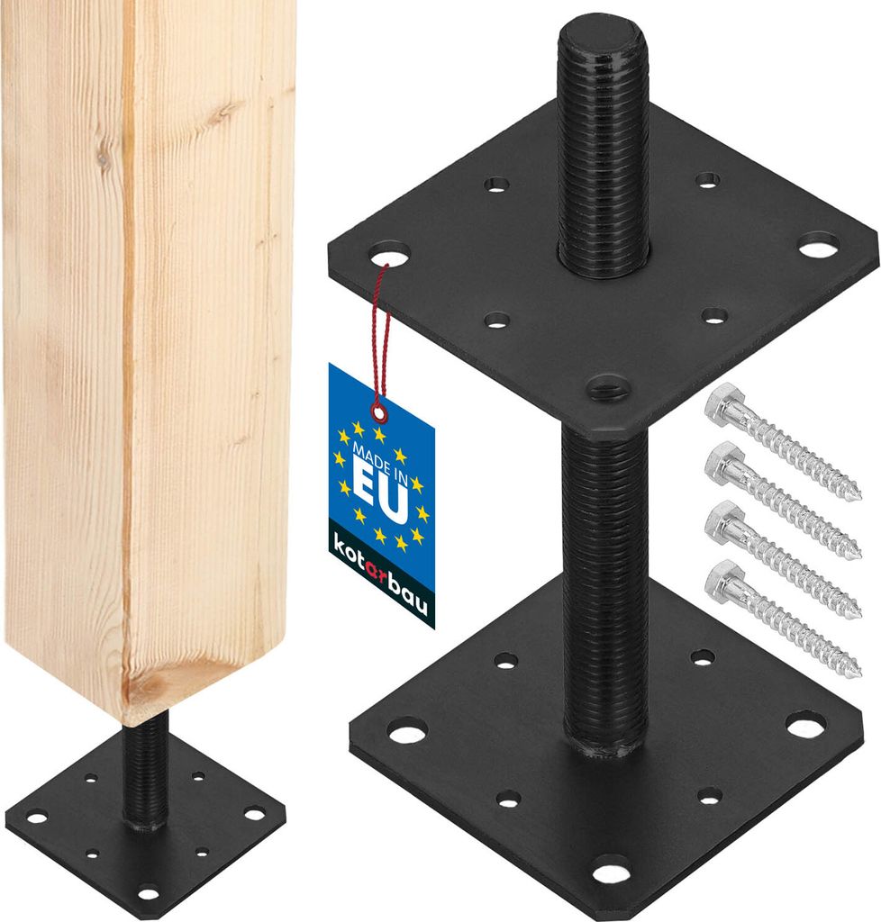 A wooden post is shown attached to a metal post anchor, with a separate metal post anchor and screws displayed next to it.
