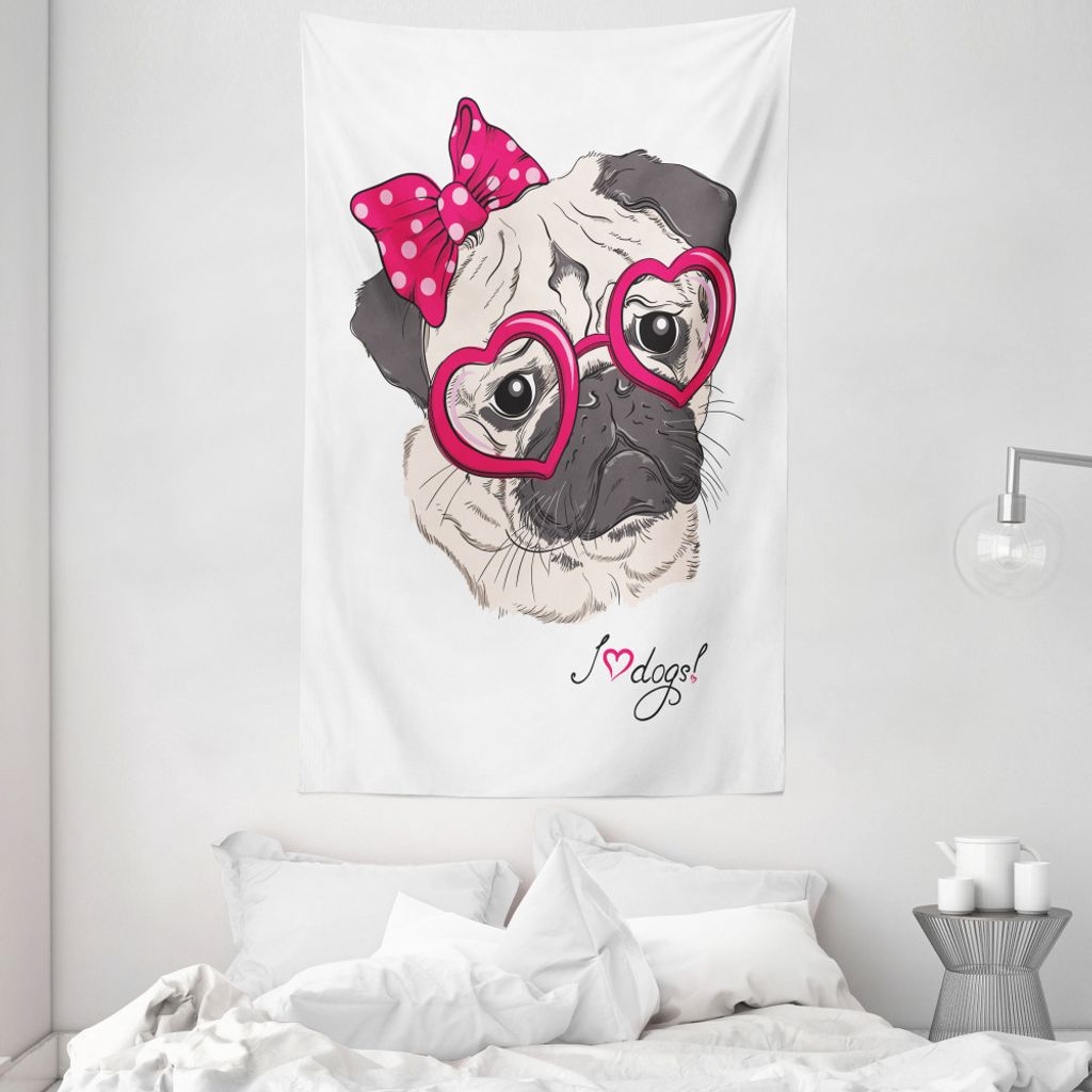 ABAKUHAUS Mops Wandteppich und Tagesdecke, Cartoon Mode Hipster-Hund aus Weiches Mikrofaser Stoff Waschbar ohne Verblassen Digitaldruck, 140 x 230 ...