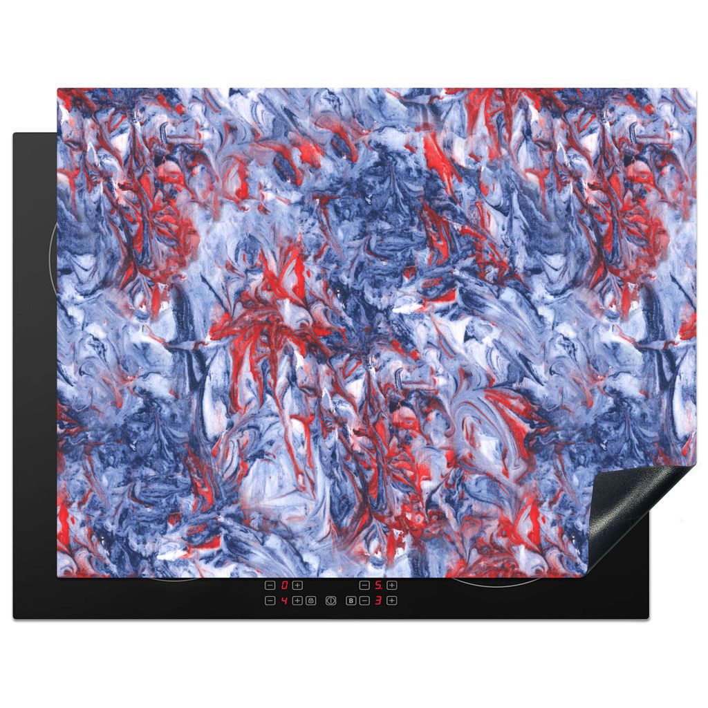 KitchenYeah Herdabdeckplatte Blau - Rot - Marmor - Muster , 77x59cm, Küche Deko, Glaskeramikkochfeld Herdabdeckung, Abdeckplatte fùr Kochfeld
