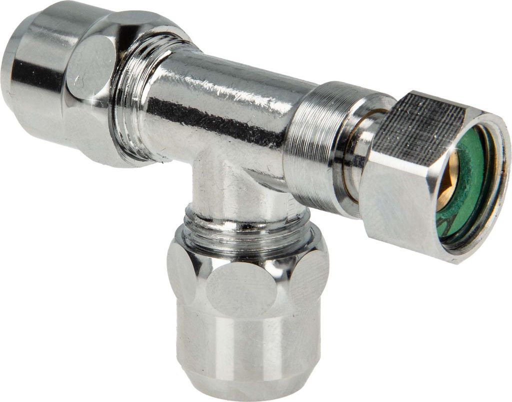 tecuro T-Stück 3/8 Zoll / Ø 10 mm Abzweigverteiler für Eckventile MS-verchromt - mit Dichtung