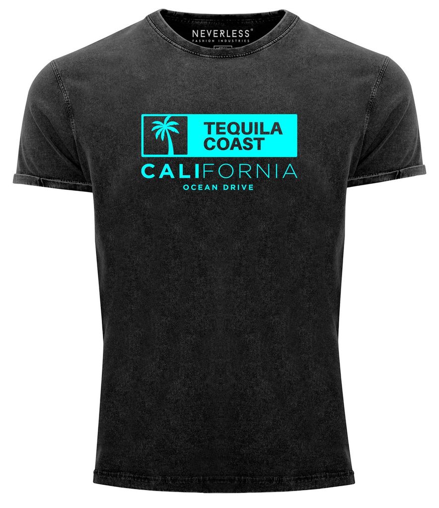 Herren Vintage Shirt California Ocean Drive Kalifornien Palme Sommer Fashion Streetstyle Printshirt T-Shirt Used Look Neverless schwarz XXL