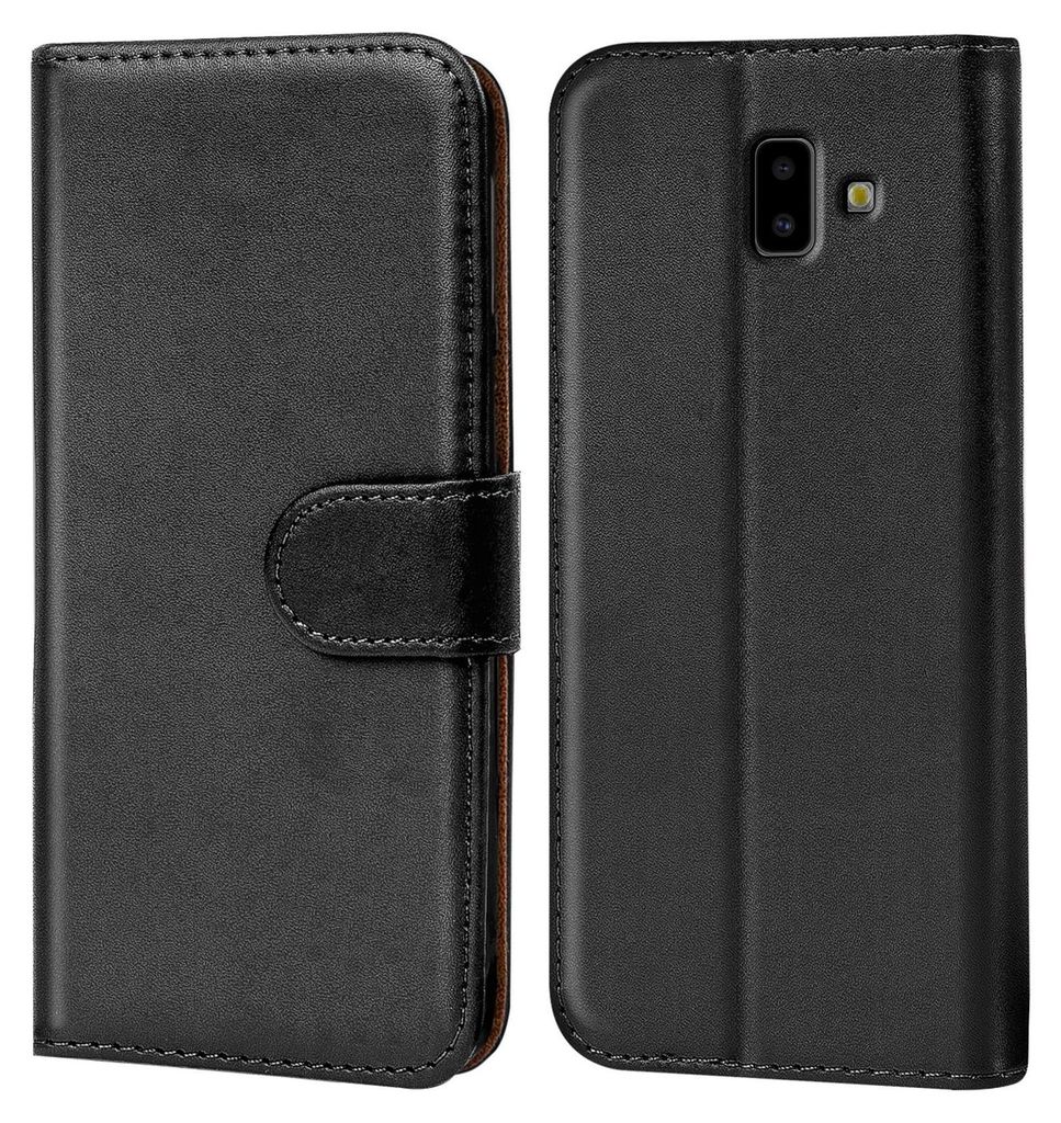 A black book-style phone case is shown from the front and back.