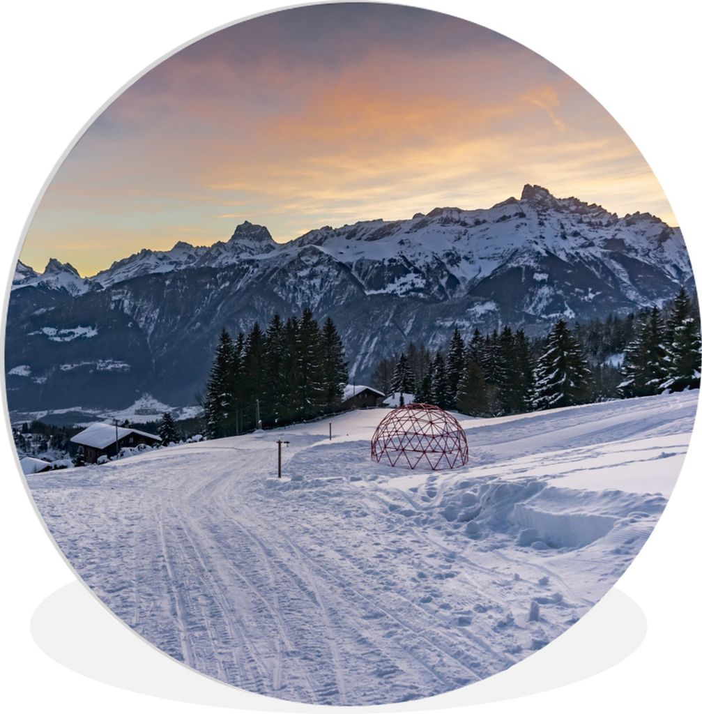 MuchoWow Rundes Wandbild - Runde Bilder Schnee - Berg - Alpen Ø 60 cm Kreis Wanddekoration Kunststoff - Wandkreis - Wandschmuck - Wand Kreis - D...