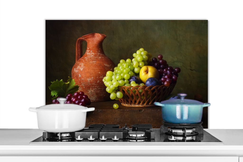 KitchenYeah Spritzschutz Küche - Küchenrückwand - Wandschutz für Herd und Spüle - Rustikal - Obst - Korb - Stilleben 80x55 - Alu-Dibond (Alt...