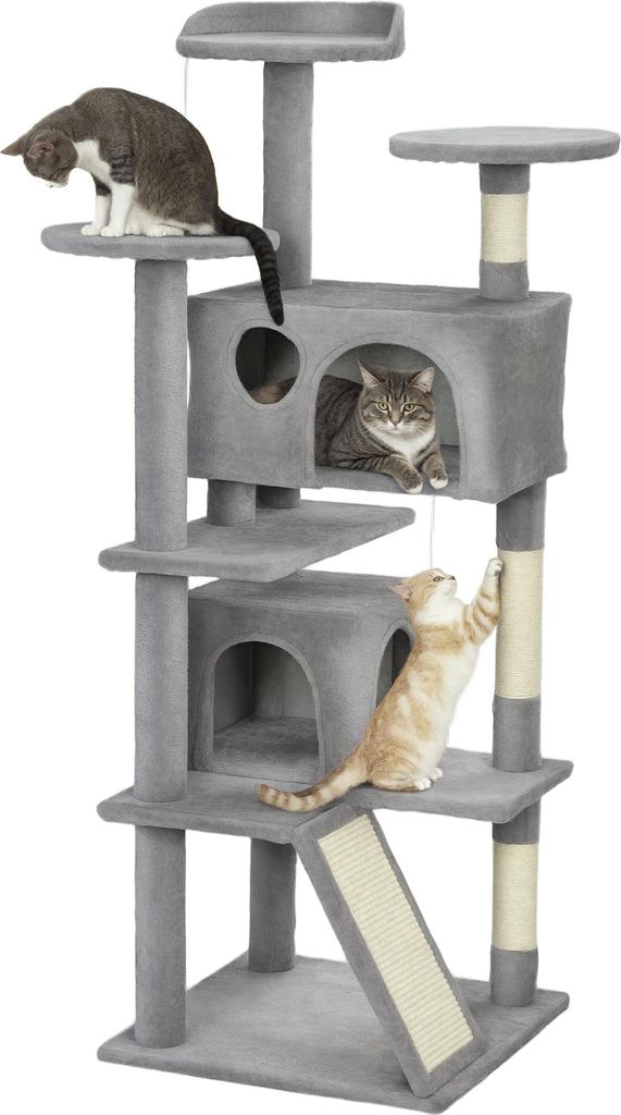 PawHut Katzenbaum, 138 cm hoch, Spielturm mit Kratzbaum, Plattformen, 2 Höhlen, Pompons, Plüschstoff, mehrere Ebenen, ideal für 1–3 Katzen, He...