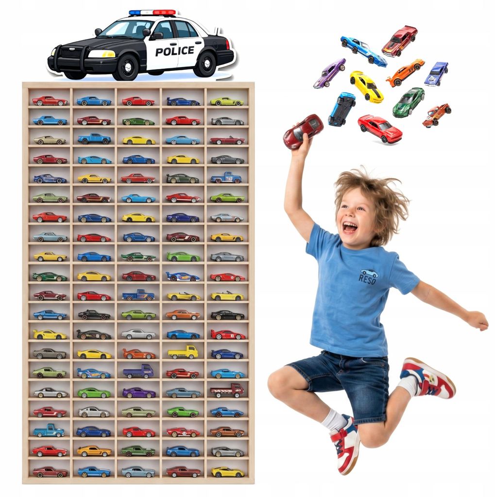 Modellauto-Regal für 100 Autos 1:64 – Wandregal & Setzkasten für Spielzeugautos, Polizei-Motiv, Birken-Sperrholz – mit Modellautos an der Wand