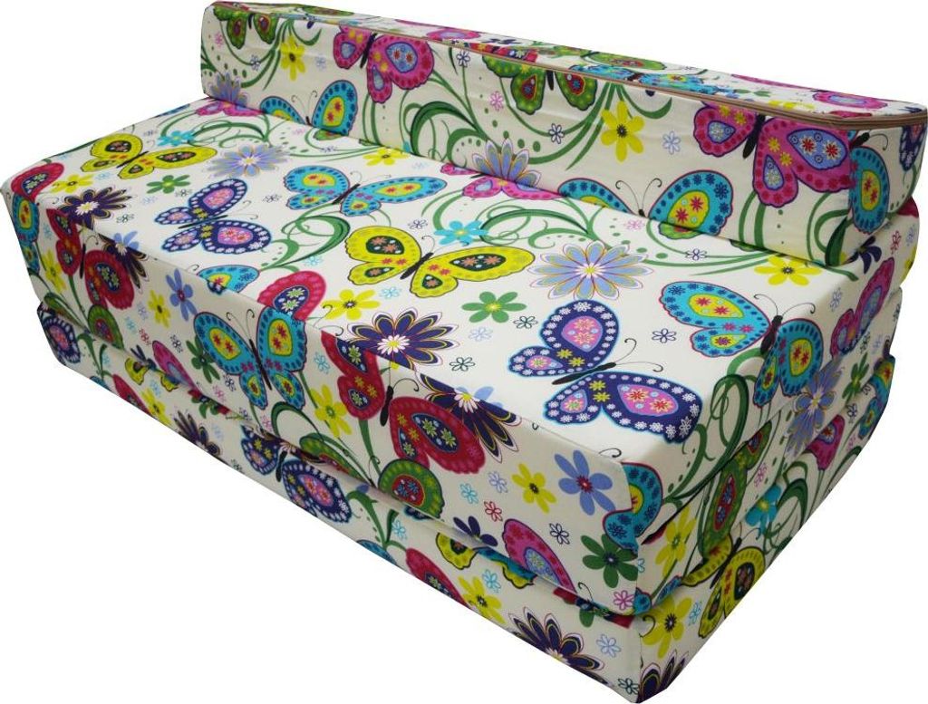 A folded mattress with a butterfly and floral pattern.