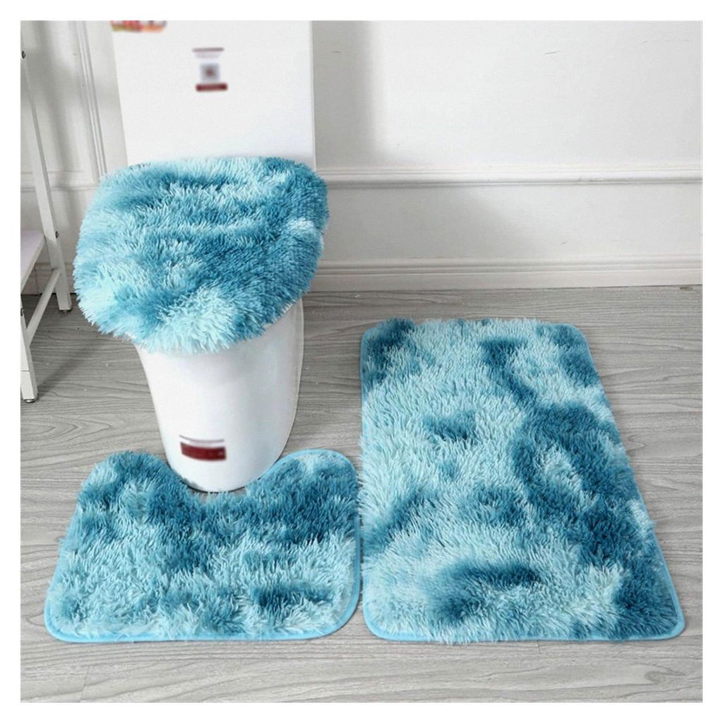 Badteppich Set, 3-teilig, rutschfeste Shaggy Badematte, flauschige Kontur-Badematte, langfloriger Toilettensitzbezug in Tie Dye Blau