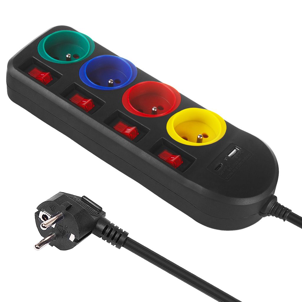 Maclean Steckdosenleiste, 4-poliges Verlängerungskabel + USB A/C mit Schalter 250VAC/10A, 1,5m schwarz MCE508 B