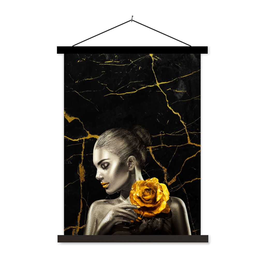 MuchoWow Textilposter Frauen - Rosen - Gold - Marmor 40x53 cm mit schwarzem Rahmen - Abbildung