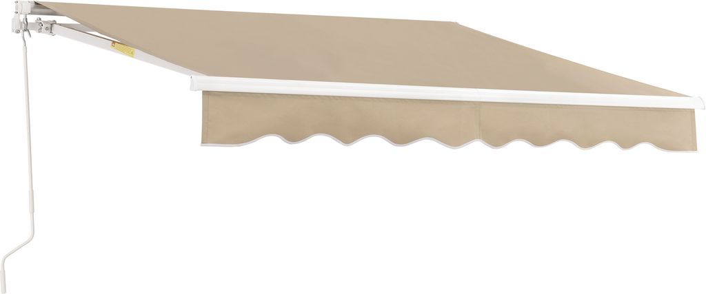 A beige retractable awning with a white frame and a crank mechanism is shown against a white background.