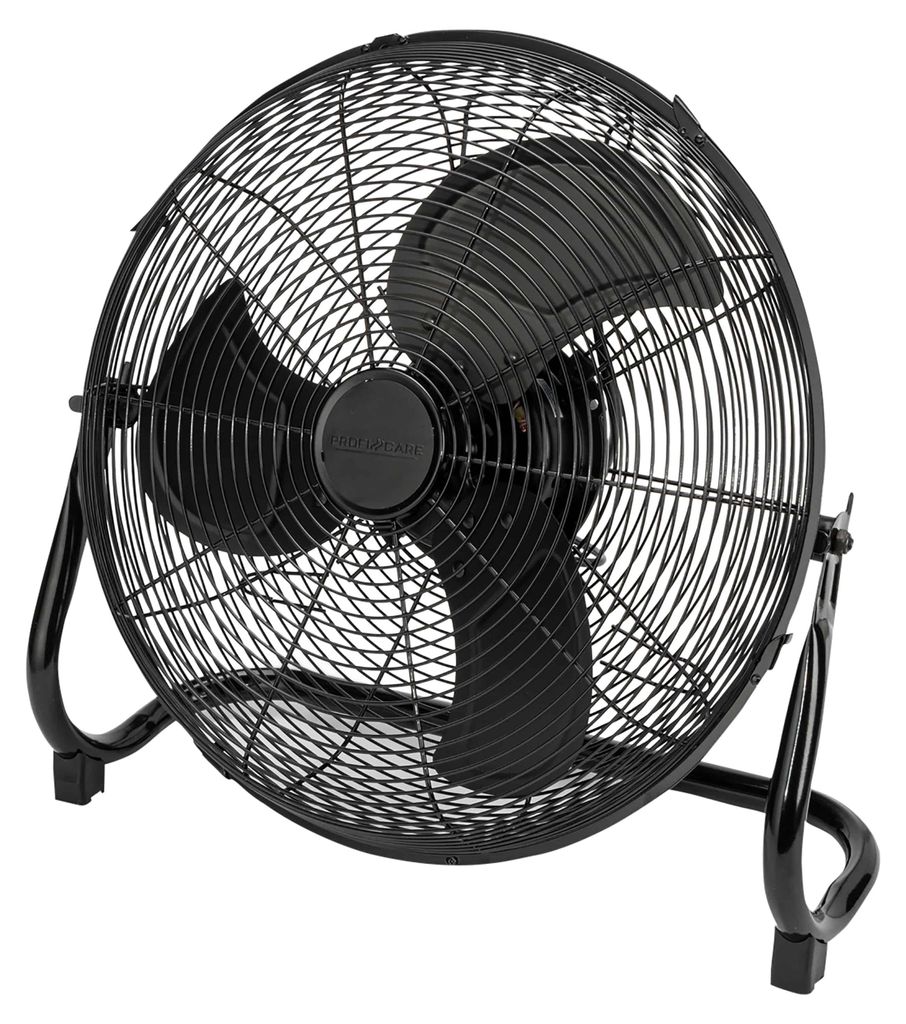 A black floor fan is shown against a white background.
