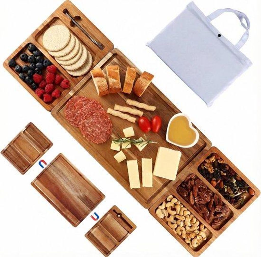 Famanu Käseplatte 3-in-1 aus Akazienholz mit Dessertgabeln und Tragetasche – Natur