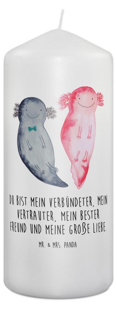 Mr. & Mrs. Panda Kerze Axolotl Freundin 19 x 8 cm - Weiß - Geschenk, Blockkerze, Valentinstag, Bedruckte, Molch, Stumpenkerze, Freund, Lurch, Erin...