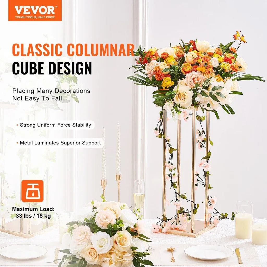 4 Supports de fleurs mariage dorés 80cm colonnes géométriques métal