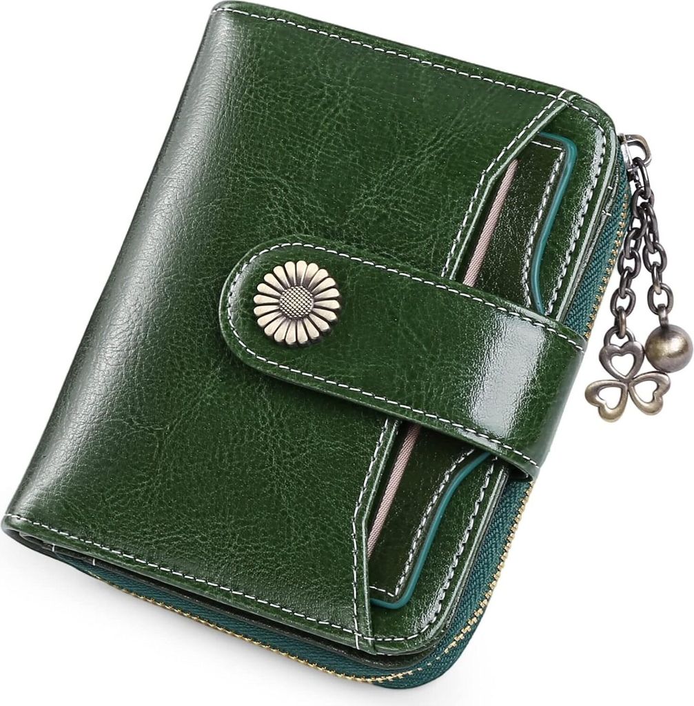 Geldbörse Damen Klein,Geldbeutel Frauen Echtes Leder,mit Münzfach Kleines Zipper Brieftasche Kartenhalter mit RFID Blocker (Cj-Vintage grün-n)