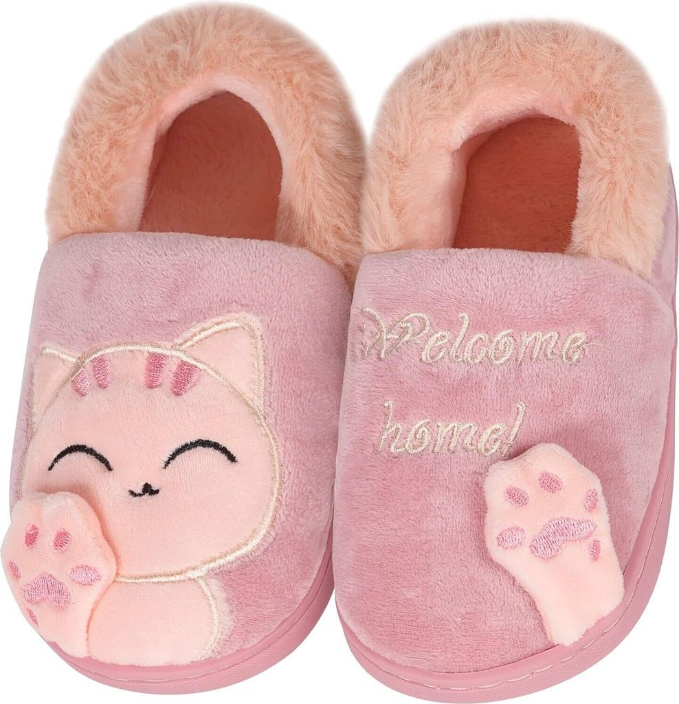 ASKSA Maedchen Jungen Pluesch Baumwolle Hausschuhe Kinder Winter Warme Gefuettert weiche Pantoffeln mit Cartoon Katze rutschfeste Slippers Hause In...