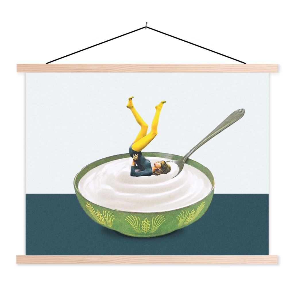 MuchoWow Textilposter Joghurt - Yoga - Retro 120x90 cm mit holzfarbenen Rahmen - Magnetisch