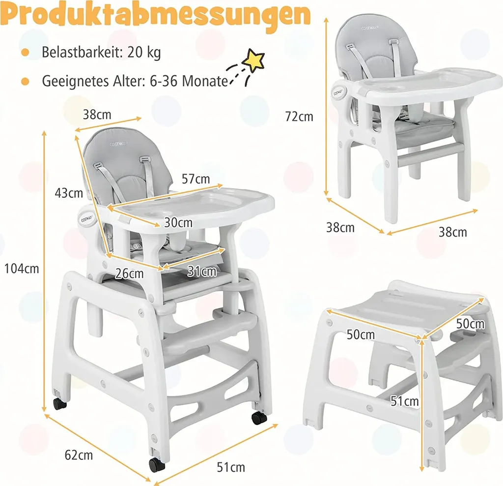 Chaise Haute Transformable Bébé Grise Multi-fonctions avec Plateau Amovible