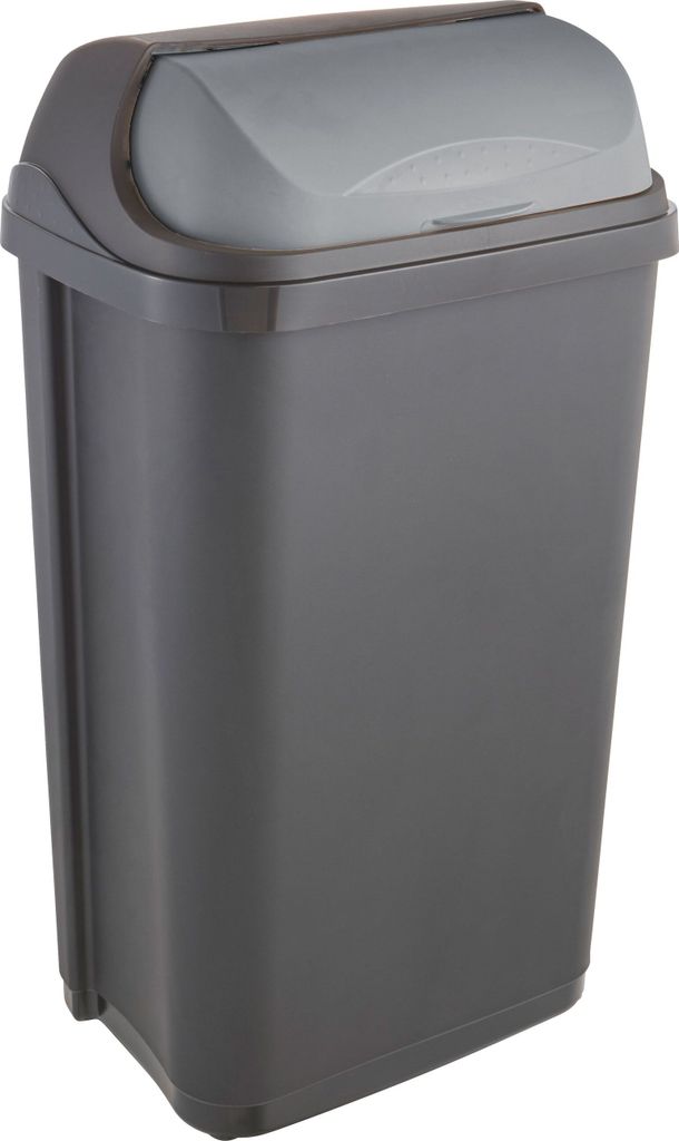 A dark gray roll-top trash can with a lighter gray lid, shown against a white background.