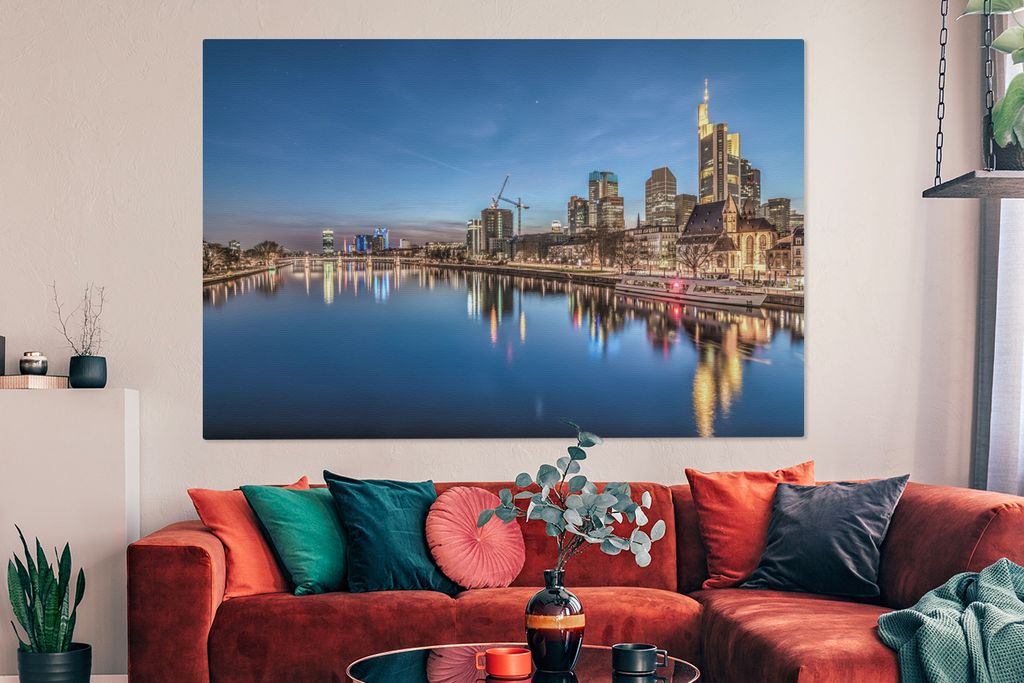 OneMillionCanvasses - Leinwandbilder - 150x100 cm, Beleuchtung in der deutschen Stadt Frankfurt am Main, Wandbilder Kunstdruck Wanddekoration