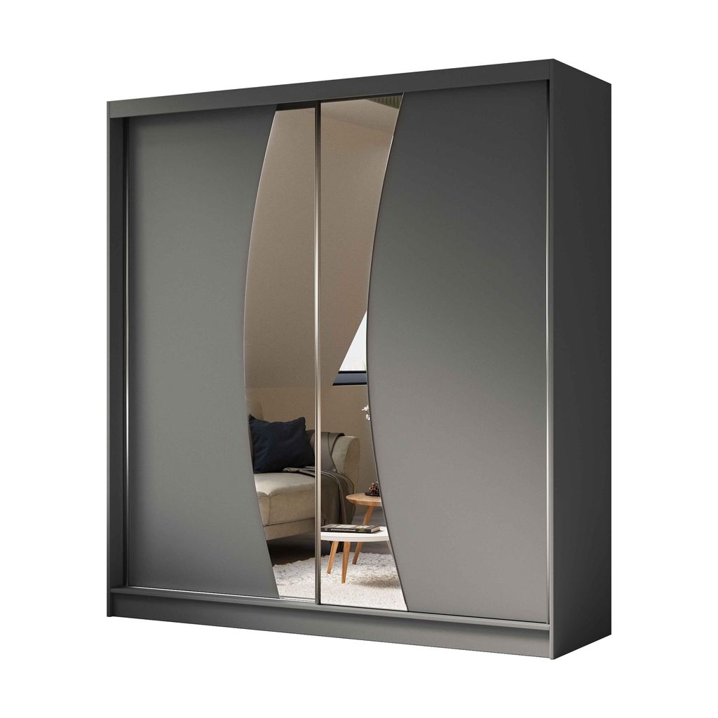 Schwebetürenschrank VOX 200 cm – Kleiderschrank mit 4 Schubkasteneinsätze, Spiegel & Schiebetüren (Graphit)