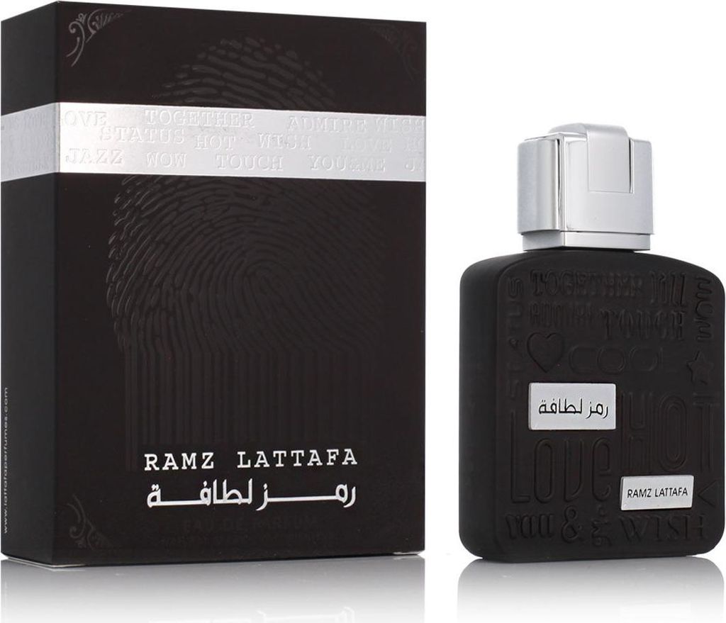 A product shot of a perfume bottle and its box, presented side-by-side against a white background.