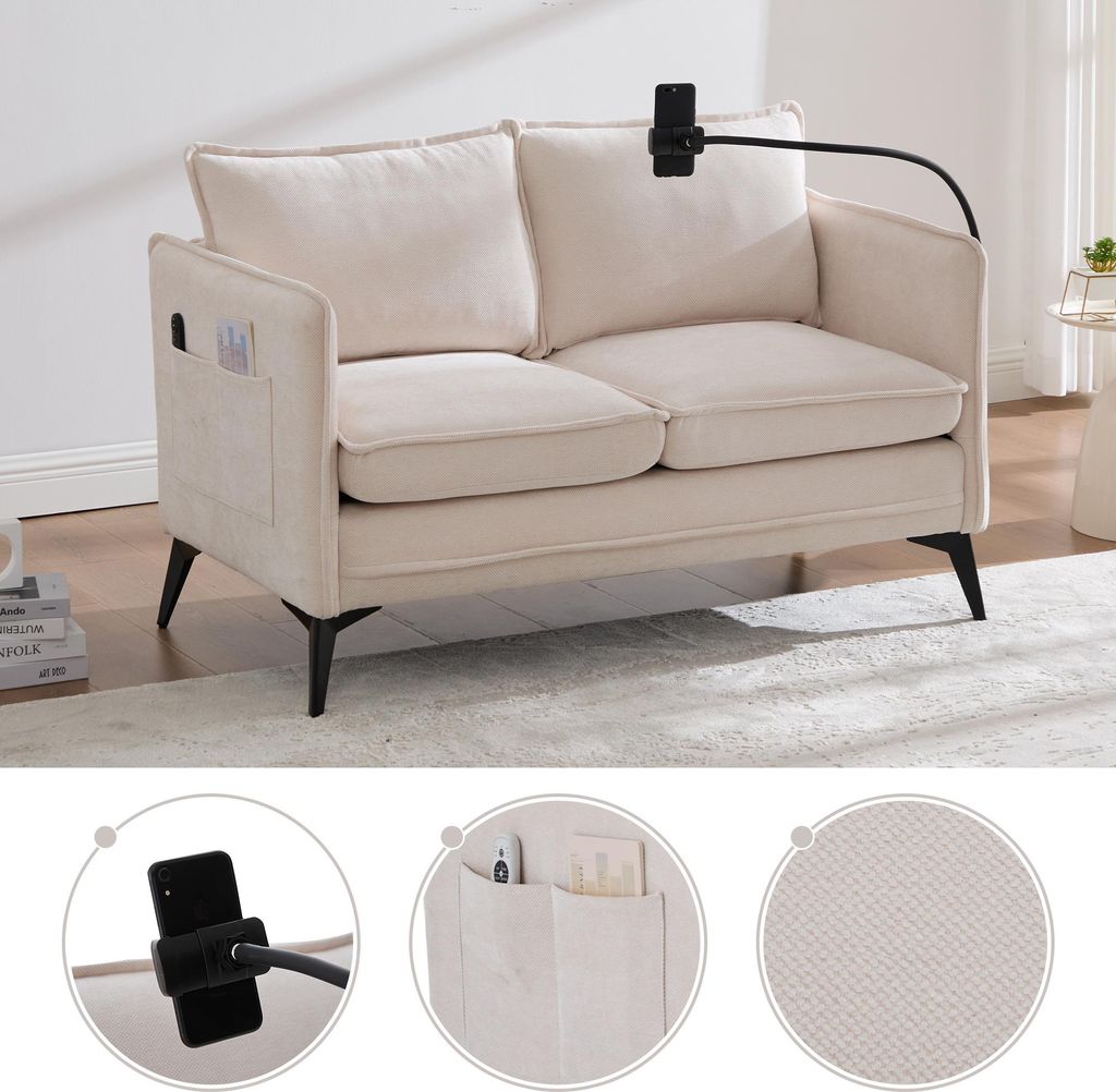 Sweiko Modernes Doppelsofa Kleines Stoffsofa Sessel mit Lagerung Seitentasche + einstellbare Handy-Halter Geeignet für Wohnzimmer/Schlafzimmer/Balkon