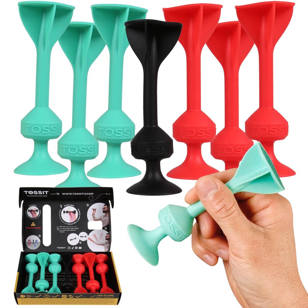 TOSSIT Starter-Set, Dartspiel mit Silikon-Saugnäpfen, Darts in Mint und Rot, 7-teilig