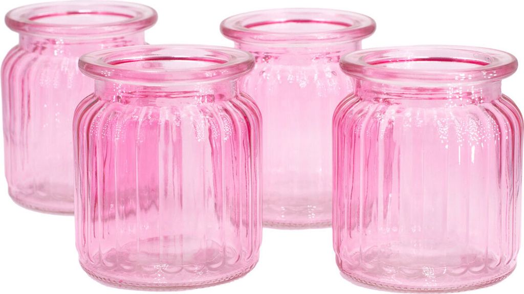 Windlicht Glas gerillt 8x9cm 4er Set rosa Produktbild 1