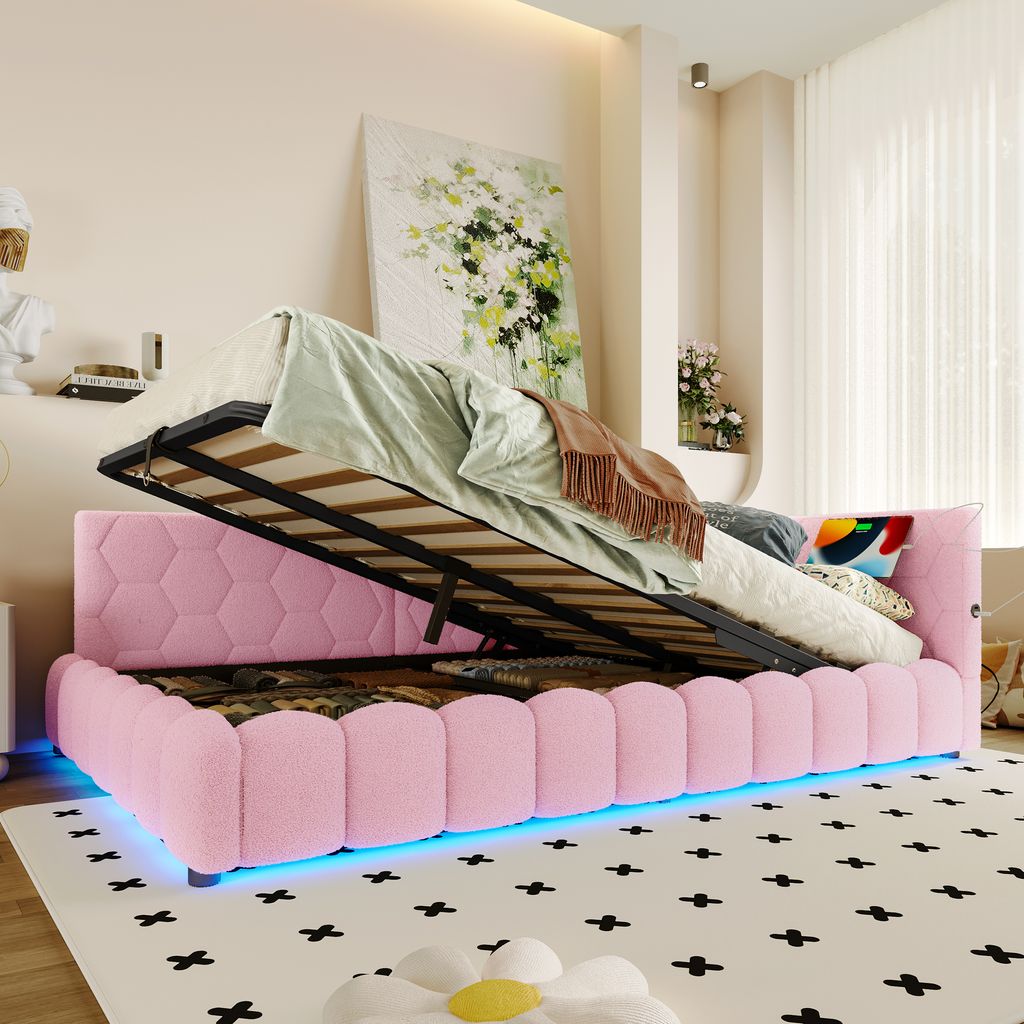 MODFU Daybett 140x200,Tagesbett mit LED-Lichtleiste und Hydraulischer Stauraum,Schlafsofa mit USB-Anschluss&Typ-C,Jugendbett mit Lattenrost,ohne Ma...