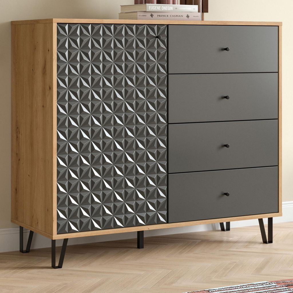 Kommode "Relief" in grau und Artisan Eiche Sideboard mit 3-D Struktur 110 x 96 cm