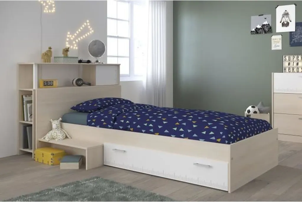 Ensemble lit complet 140x200 avec tête de lit de rangement bois et blanc