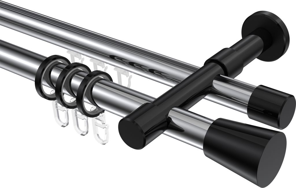 Interdeco Rundrohr-Innenlaufstange / Gardinenstange (Kombination) Chrom / Schwarz, Typ Prestige Sitra (Konus), 20 mm Ø 2-läufig, 160 cm
