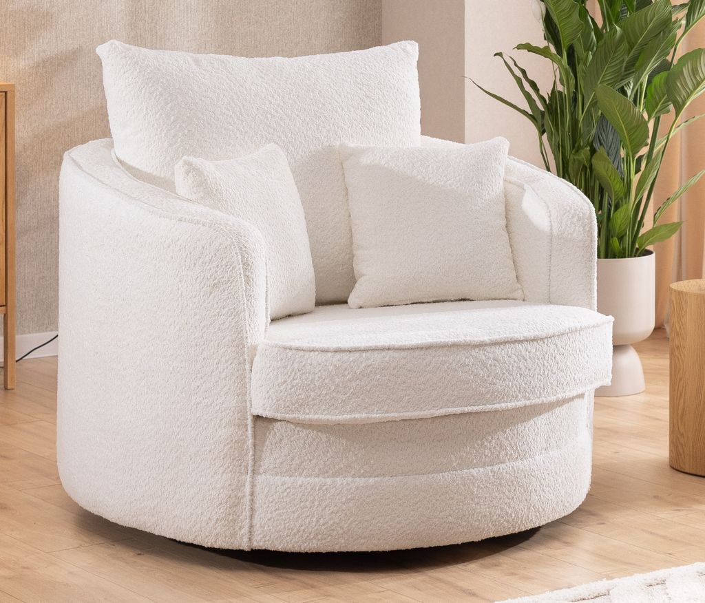 S-STYLE MÖBEL - Ted - Drehsessel Love Seat XXL 360 Grad drehbar aus Weiß Boucle-Stoff