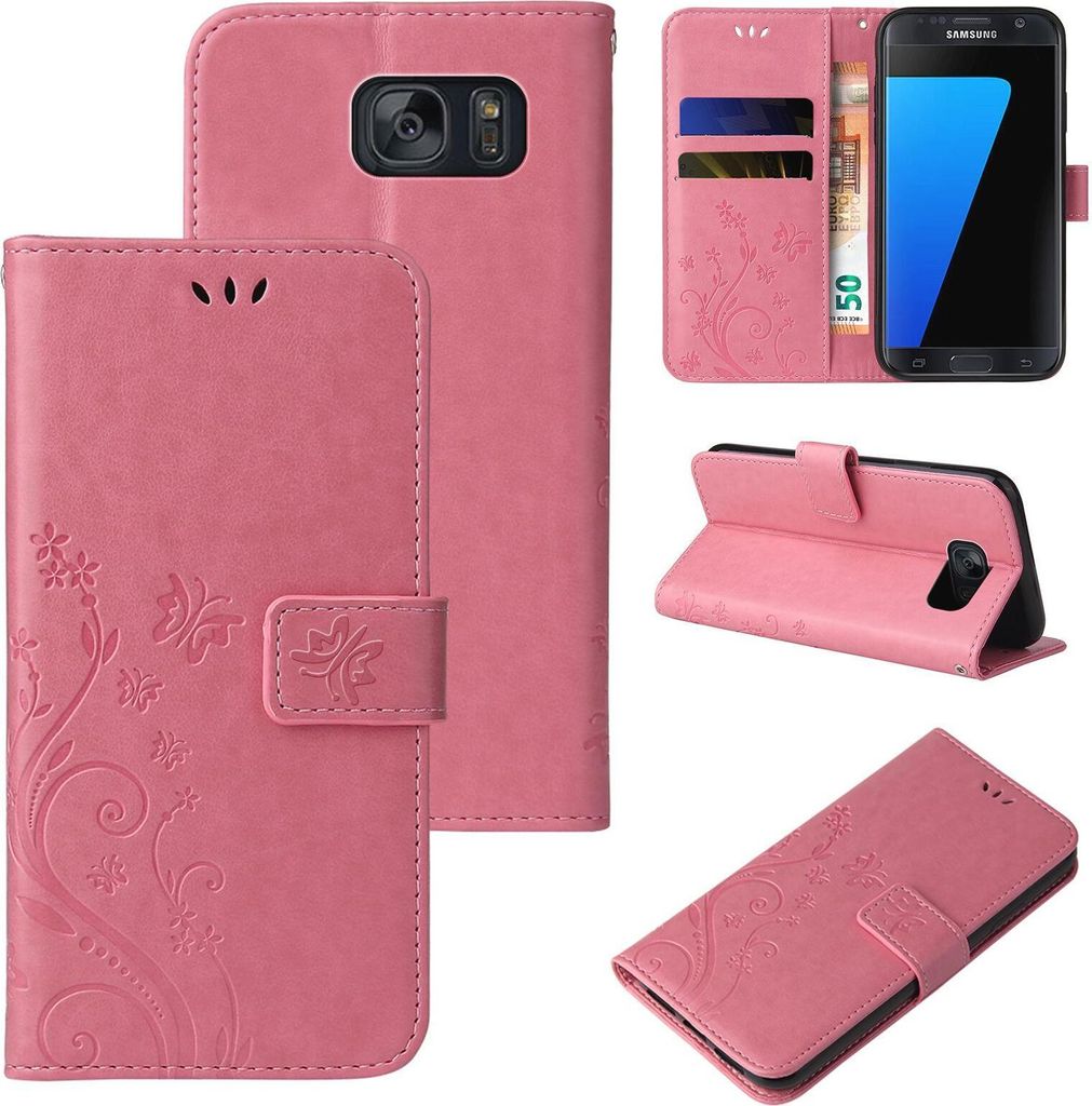 Handyhülle für Samsung Galaxy S7 Floral Blumen Schmetterling Flip Cover Hülle Case Klapphülle Handytasche Farbe: Rosegold