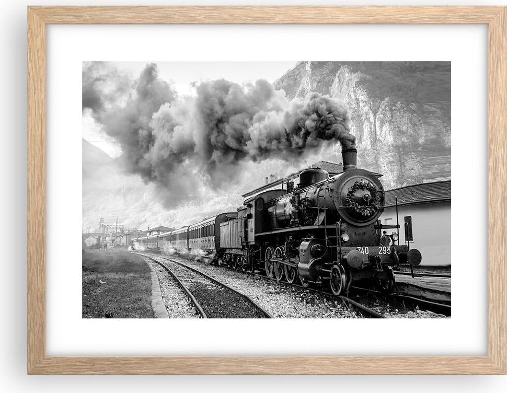 Gerahmtes Poster - Rahmen in heller Eiche - Zug Schwarzweiß Rauch - 40x30 cm - Wand Bild - Wanddeko - Wandbilder - Wandposter - Bilderrahmen - Bil...