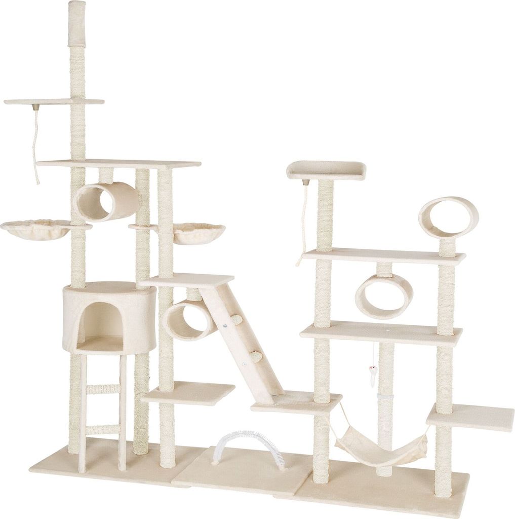 tectake Kratzbaum Snooky 234 bis 261 cm inklusive 2 Treppen, 2 Spielkordeln, Kratzbogen, Deckenspanner und Kippschutz