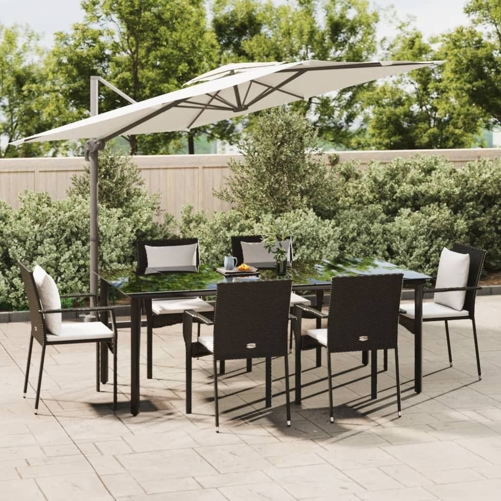 "Rabatt" 7-tlg. Garten-Essgruppe - mit tishe & Stuhl - mit Kissen Schwarz Poly Rattan - Lounge-Dining set CC7945